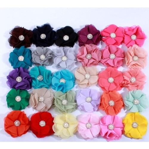 50PCS 5.5CM 34Colors New Style Cute Chiffon Flowers With Rhinestone Pearl For Hair Clips Fabric Flower For Headbands Head Wear