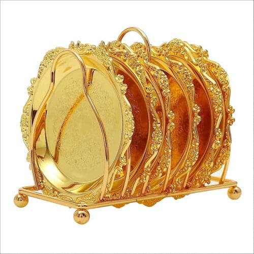 6Pcs Classical Golden Cocktail Metal Coaster Kitchen Mat Table Tableware Coasters Tea Trays Placemat Individual Pad Dinner Plate