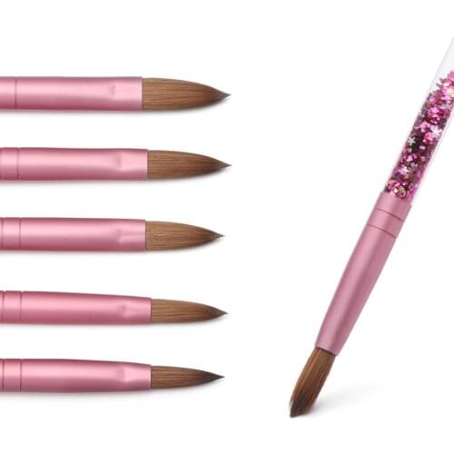 1 Pcs Acrylic Nail Brush Pure Kolinsky Hair For Powder Round Shaped Brush With Pink Liquid Sparkling Glitter Hand Nail Brushes