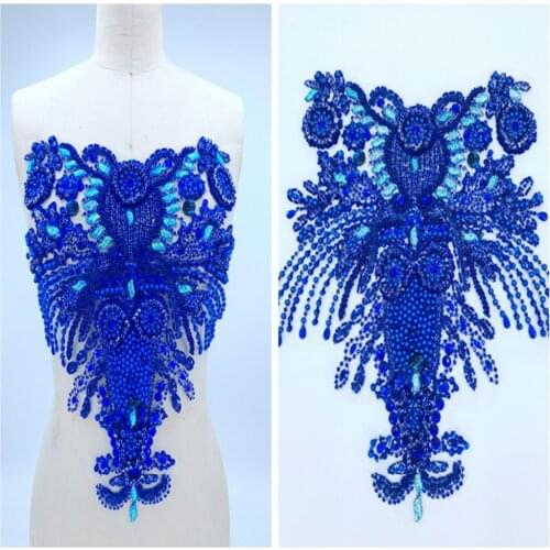 Pure hand made royalblue sew on Rhinestones applique on mesh crystals patches trimming 37*37cm dress accessory