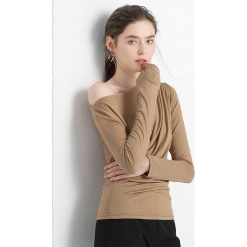 Brand comfortable Women Autunm long slleve skew collar Knitted Modal Cotton Shirt 5XL 6XL 7XL Plus size elegant Pleated blouse