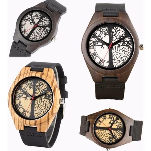 Natural Wood Watch for Man Black Leather Wooden Watches for Boy Loves Handmade Bamboo Wood Roman Number Wrist Watch for Teenager