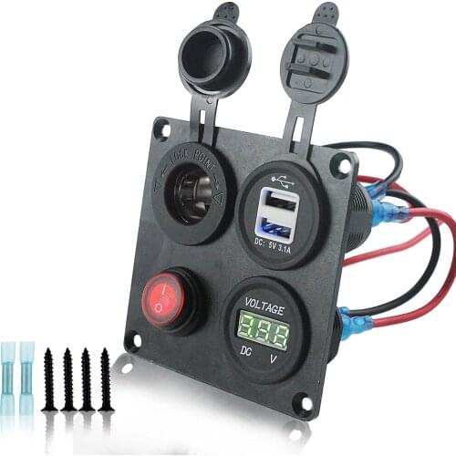 DIY 12-24V Voltmeter Cigarette Lighter Dual USB Charger with Switch 4 Hole Aluminum Panel Plate for Truck Boat Marine Trailer