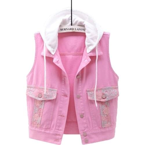 Denim Vest Womens Thin Spring Summer Clothes Lace Embroidered Pocket Short Female Pink Waistcoat With Detachable Hat Waistcoat