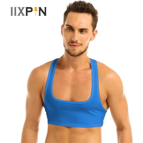 IIXPIN Mens Basic Crop Tops Sexy Y Back Sleeveless Muscle Half Tank Top Vest T-Shirts Sports Bras Male Clubwear Stage Costume
