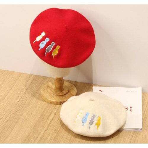 INS Womens Beret Hat DIY Cute Embroidery Cat Wool Painter Hat Spring and Summer Outdoor Sunshade Berets Hat Casqute