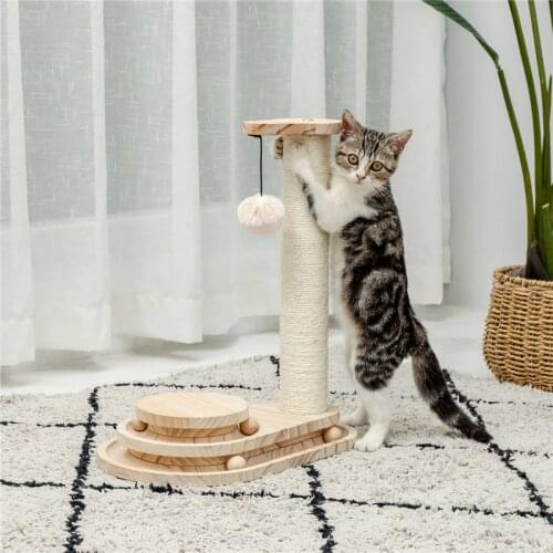 Interactive Wooden Cat Toy Double Layer Rotating Smart Track Ball Cat Scratching Post With Dangling Ball Pet Interactive Toys