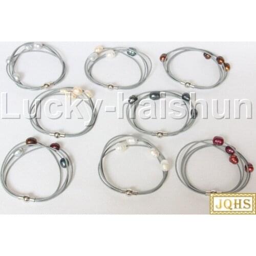 JQHS Baroque 4 Rows white pink black gray coffee wine red pearls gray leather bracelet magnet clasp j12896