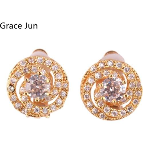 Grace Jun Top Quality CZ Material Round Geometric Shape Clip on Earrings No Pierced for Women Luxury Fashion Ear Clip Wholesale