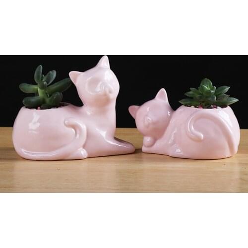 Creative Ceramic Cat Flower Pot Pink Kitten Japanese Succulent Plant Cactus Flower Pot Home Office Desktop Decoration Craft