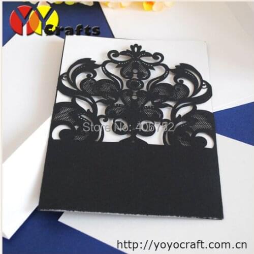 Laser cut birthday invitation cards,black filigree wedding invitation card+insert+evenlope+ribbons