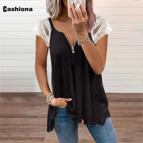 Cashiona 2021 Summer New Fashion T shirts Women Patchwork Lace Zipper Tops Streetwear Plus Size Female Casual Loose Tees Shirts