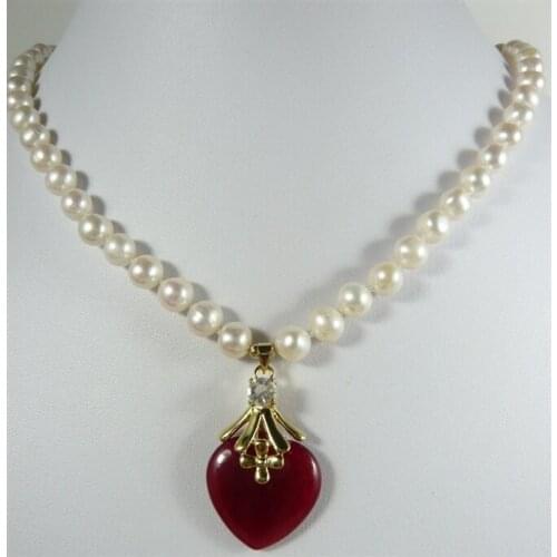 Fashion jewelry Beautiful Freshwater pearl and red jades pendant Necklace free shipping