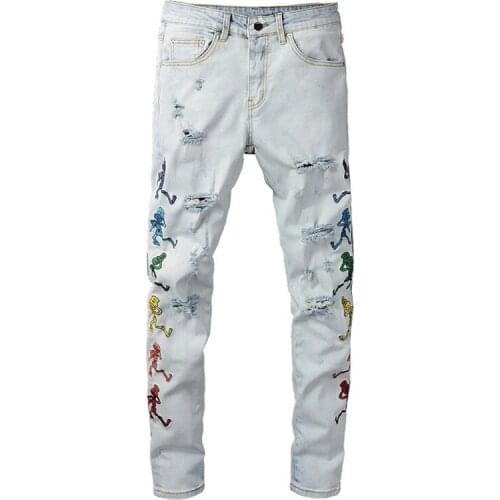 Man brand designer ripped jeans pants with embroidery fashion hi street destroyed denim trousers bottoms light blue slim fit