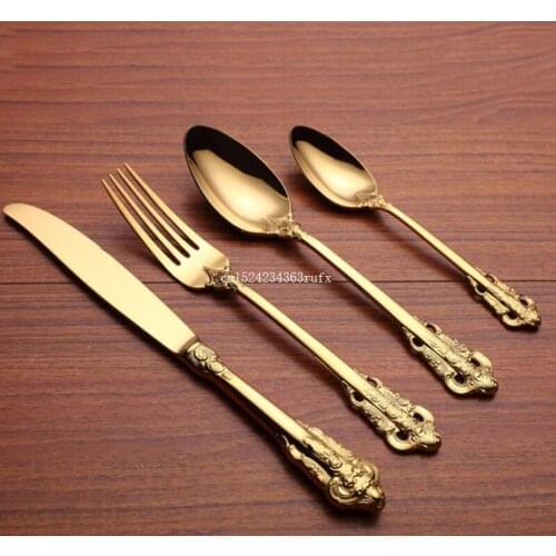 50Sets Vintage Golden Cutlery Set Western Gold Plated Dinnerware Dinner Fork Knife Set Stainless Steel Engraving Tableware