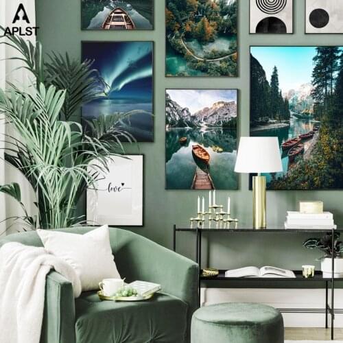 Nordic Forest Northern Lights Boat Lake Poster Love Heart Picture Abstract Line Canvas Painting Prints Wall Art Home Decor
