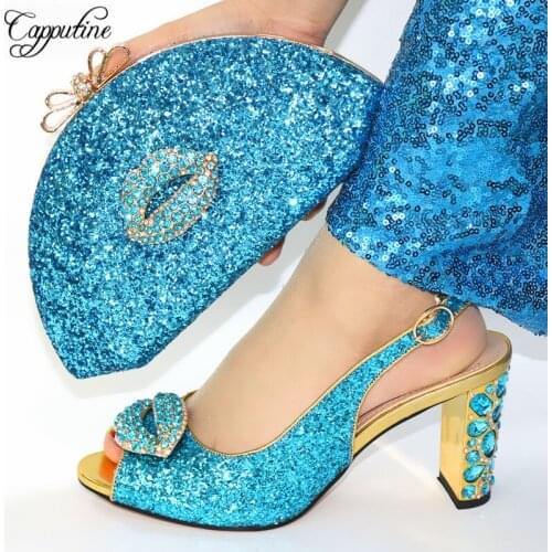 Latest African Fashion Woman Green Color Shoes And Matching Bag Set Italian Rhinestone High Heels Shoes And Bag Set For Party