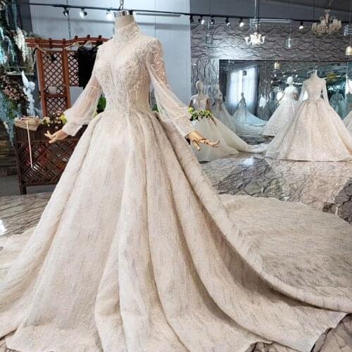 2020 New Handmade Beaded High Neck See-through Neckline High-end Custom Super Luxury Tail Long Sleeve Wedding Dress