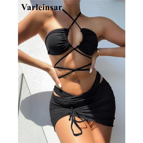 New Lace Up Wrap Around Bikini Women Swimwear Female Swimsuit Three-pieces Bikini set With Skirt Bather Bathing Suit Swim V3160
