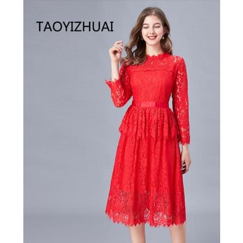 New lace dress fat sister medium length plus size hollow sexy red versatile bridal dress