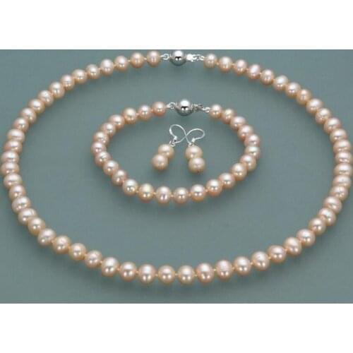 Genuine 7-8mm Pink Freshwater Cultured pearl Necklace Bracelet Earrings Set