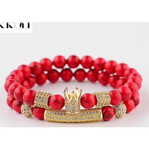 OIQUEI CZ Copper Geometric Shaped Couple Distance Bracelets For Women Men Red Natural Stone&Cubic Zirconia Crown Charm Bracelet