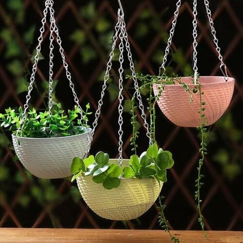 Balcony Chain Hanging Planters Flower Pot Basket Imitation Rattan Weaving 1pc