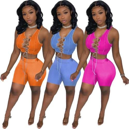 Casual Women Two Piece Set Sexy Patchwork Cross Bandgae Crop Top Biker Shorts Set Tracksuit Fitness Set Sportswear Club Outfits