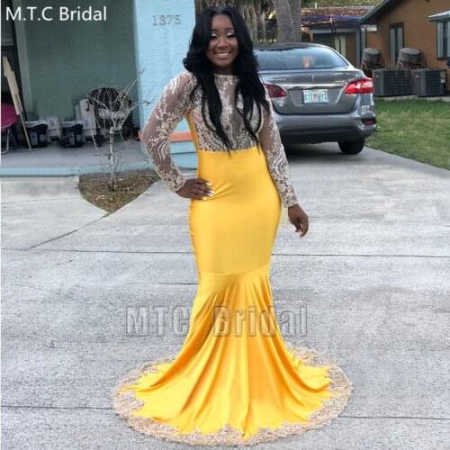 Long Sleeves See Through Black Girl Prom Dresses Lace Elastic Satin Mermaid Formal Dress For Graduation Party Evening Gowns