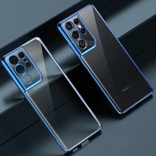 Luxury Plating Transparent Soft Silicone Case for Samsung Galaxy S21 S20 Plus Ultra Camera Protection Slim Clear TPU Cover Funda