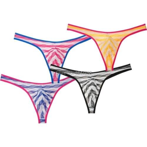Sexy Men See Through G-Strings Stripe Mesh Briefs Jockstrap Underwear Sexy G String Mens Lingerie Tanga Hombre