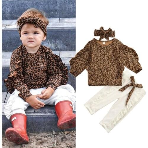 Autumn Winter New Children Clothing Girls Baby Ruffle Leopard T shirt Tops + Pants + Headband Suit Baby Clothes Suit 1-5T
