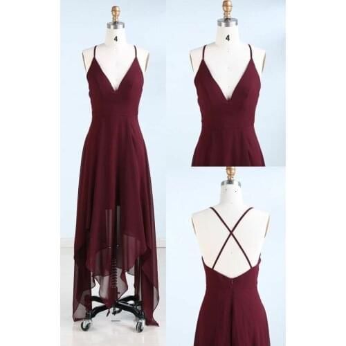 Elegant Hi-Lo Long V-Neck Burgundy Bridesmaid Dresses Floor Length Criss Cross Back Chiffon Formal Wedding Party Dresses