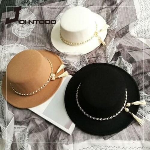 2021 Fashion Autumn Winter Women Wide Brim Panama Felt Hat Flat Top Hat with Tassel Ribbon Ladies Outdoors Travel Fedoras Hats