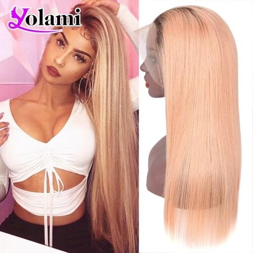 Yolami Ombre T1B/Rose Gold 13X4 Brazilian Straight Lace Front Wig Human Hair Pre Plucked Hairline Lace Wigs For Black Women