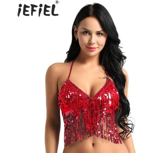 Womens Fashion Wetlook Zumba Dancewear Back Tie Up Latin Belly Dancing Class Costume Bra Top with Sequins Tassel Party Clubwear
