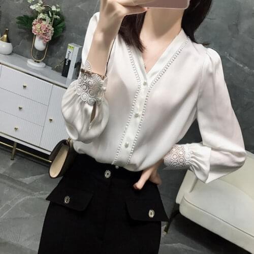 2021 Sexy Blouse Women Spring Autumn Single-breasted Solid Color Long Sleeve V Collar Chiffon Shirt Mujer Y338