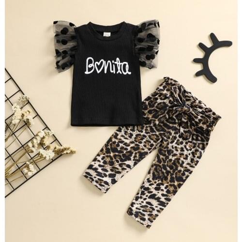 0-4Y Summer Fashion Baby Girls Clothes Sets Letter Lace Ruffles Short Sleeve T Shirts Leopard Printing Pants 2pcs