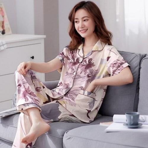 Plus Size 3XL Women Print Rayon Pajamas Sets Sexy Turn-Down Collar Pyjamas Sleepwear Nightwear Summer Mother Lounge Home Wear