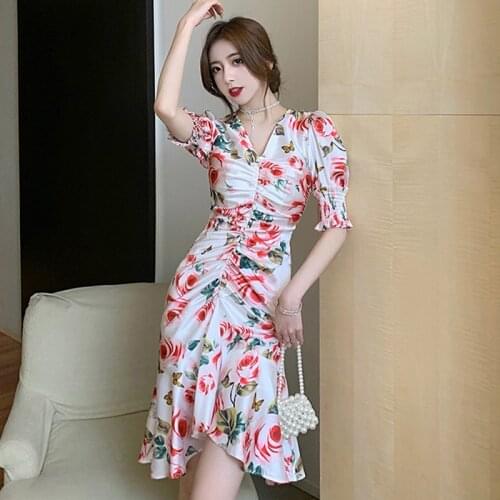 Fashion Summer Vintage Puff Sleeve Midi Party Dress Ladies OL Elegant Robe Casual V-Neck Floral Print Folds Ruffle Mermaid Dress