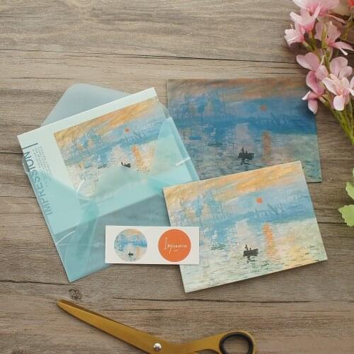 2 Envelopes 2 Card Sticker Set Sunrise Oil Painting Design Envelop As Message Card Invitation Envelop Transparent Paper