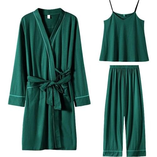 3PCS Cotton Pajamas Set Women Lougne Casual Pijamas Suit Bathrobe Gown Sleepwear Soft Nightwear Oversize Home Clothes