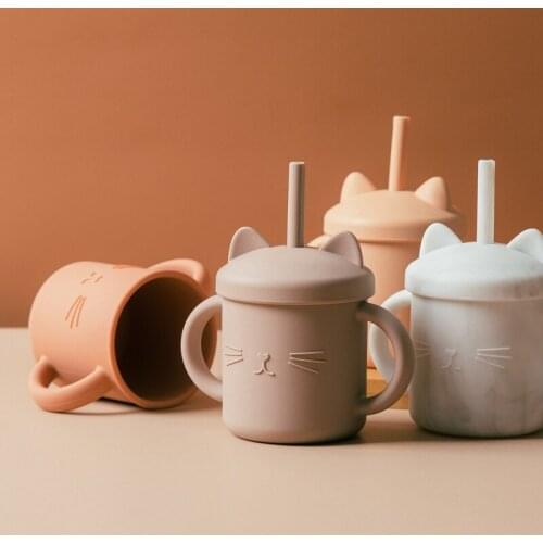 Baby Safe Silicone Cup Water Feeding Drinking Thermal Mug Straw Child Bottle Cup BPA Free Children Cat Sippy Cup with Handle