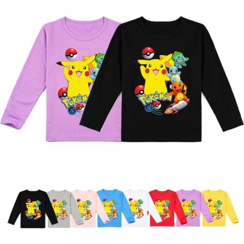 Pokemon Kids Boys Girs Tshirt Cute Cartoon Pikachu Anime Long Sleeve Children Tees Toddler Tops Clothing