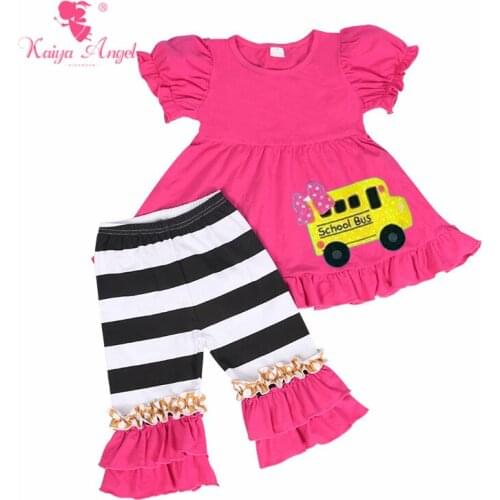 Kaiya Angel 2018 Toddler Girls Summer Back to School Clothes Watermelon Cotton School Bus Boutique kids Set Factory Wholesale