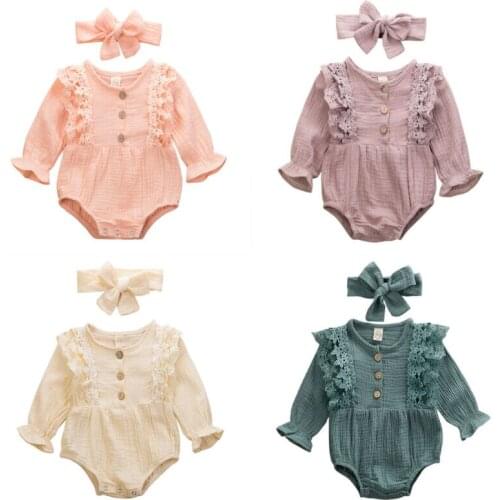 2Pcs Newborn Infant Baby Girl Clothes Bodysuit Romper Lace Solid Long Sleeve Jumpsuit Playsuit Headband Outfits 0-24M