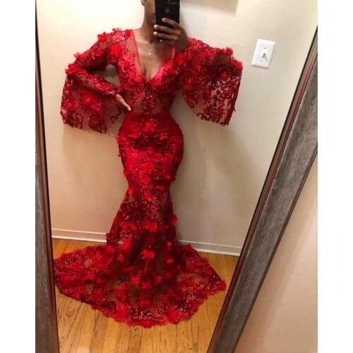 Red Mermaid Evening Dresses 2020 V Neck Lace 3D Floral Appliques Beaded Prom Dresses Custom Made Long Sleeve Formal Party Gowns