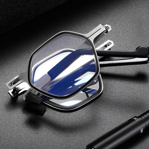 Lightweight Mini Folding Reading Glasses Men Women Anti-Blue Ray Presbyopic Glasses Metal Hexagon Frame with case