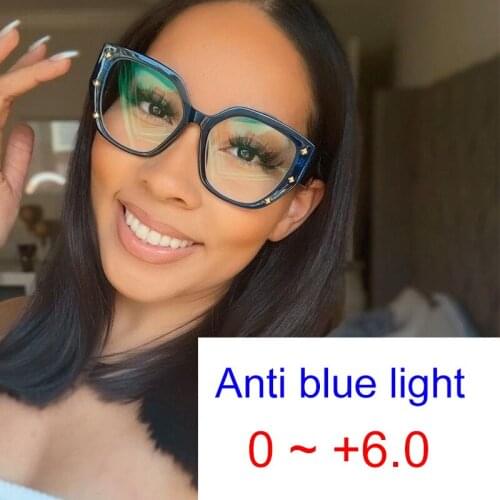 Diopter 0 to +6.0 Women Men Oversized Square Anti Blue Light Reading Glasses Rivet Retro Prescription Optics Eyeglasses Frames