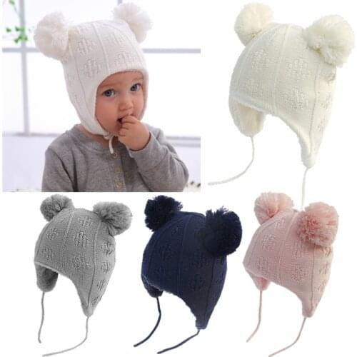 Autumn Winter Cute Hair Ball Baby Hat Infant Ear Protection Cap Knitted Beanie XXFE